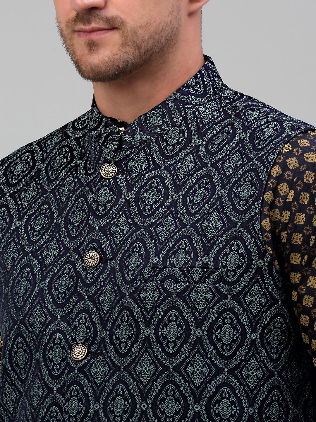 Men's Woven Design Nehru Jacket with Printed Kurta Pyjama Set