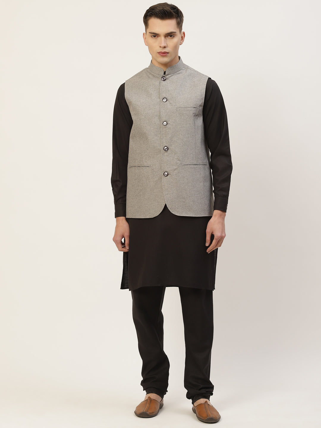 Men's Kurta Pyjama With Black Solid Nehru Jacket (JOKPWC W-F 4033 F )