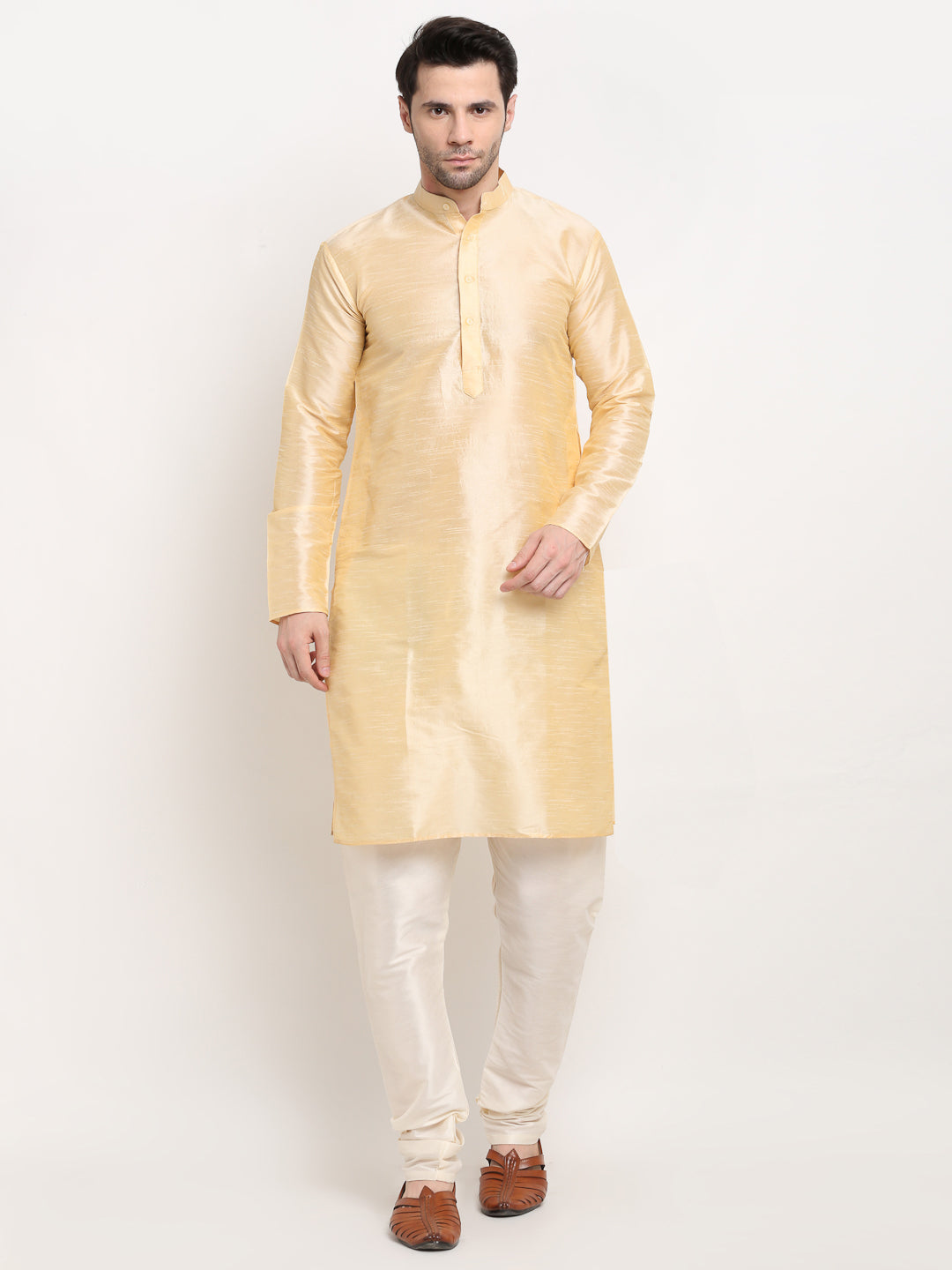 Jompers Men's Golden Dupion Silk Kurta with Churidar & Nehru Jacket