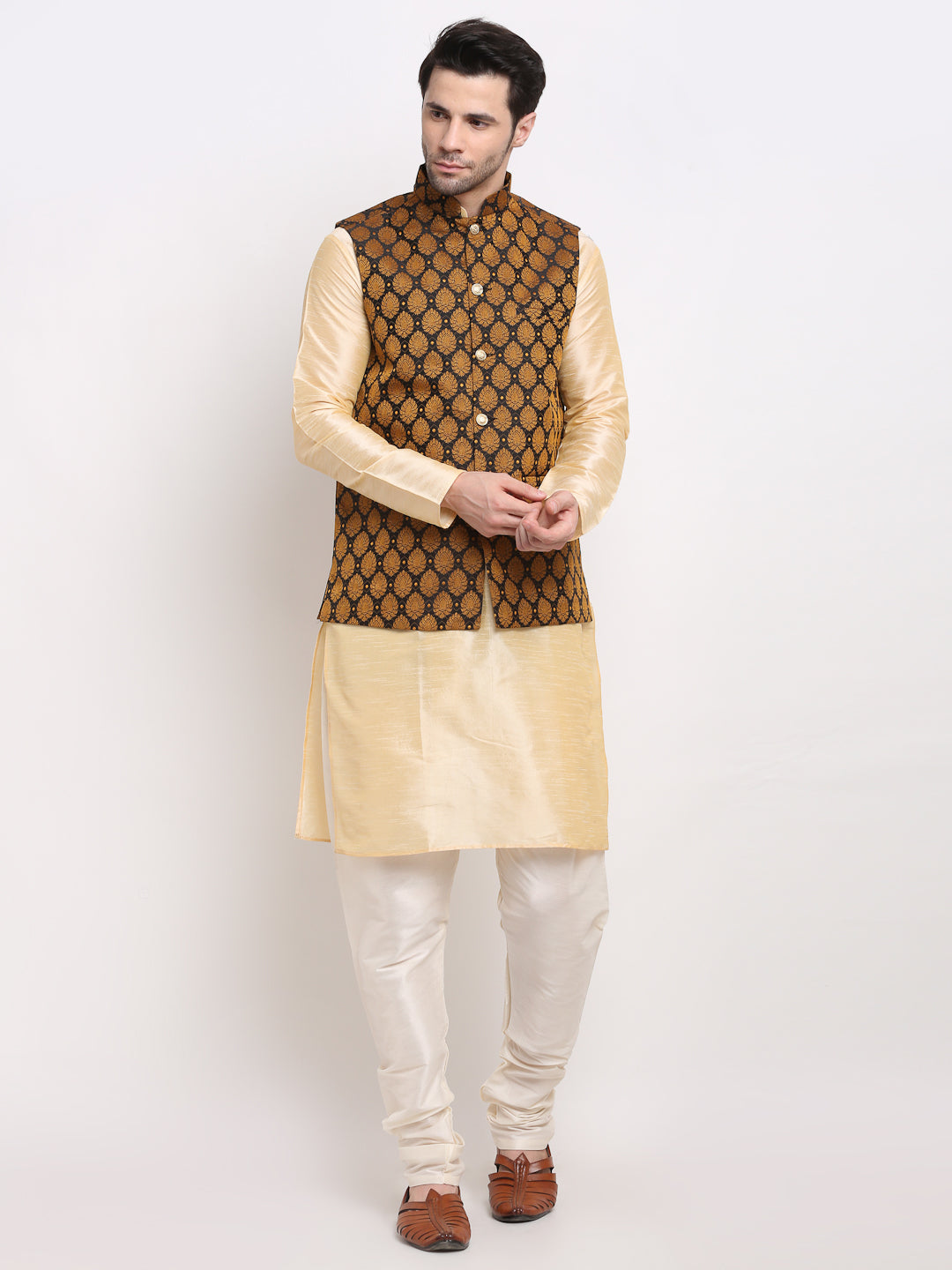 Jompers Men's Golden Dupion Silk Kurta with Churidar & Nehru Jacket