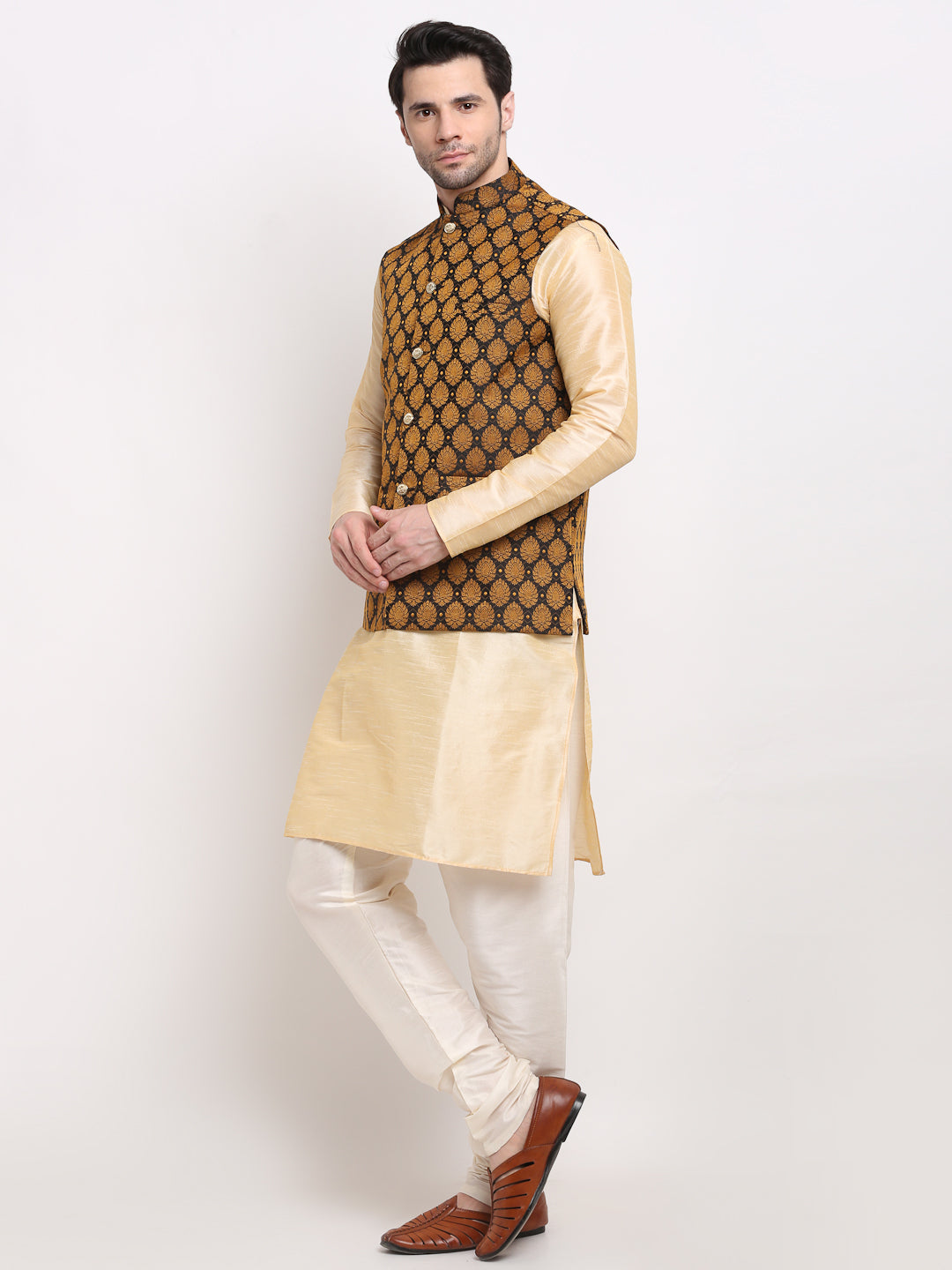 Jompers Men's Golden Dupion Silk Kurta with Churidar & Nehru Jacket