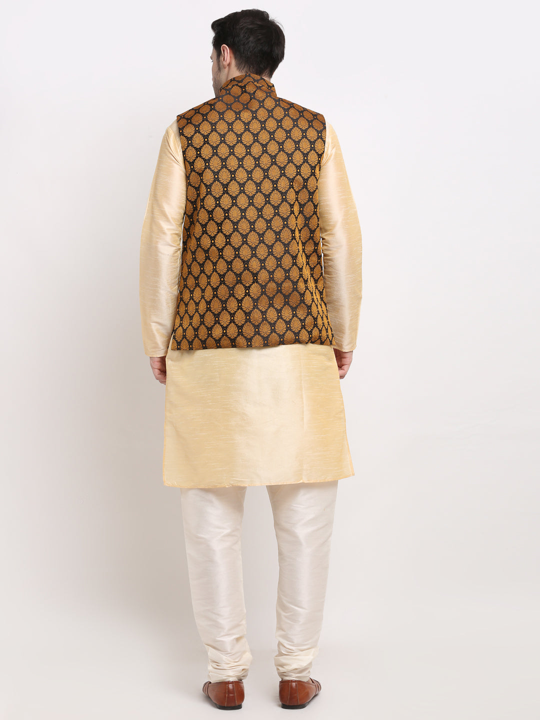 Jompers Men's Golden Dupion Silk Kurta with Churidar & Nehru Jacket