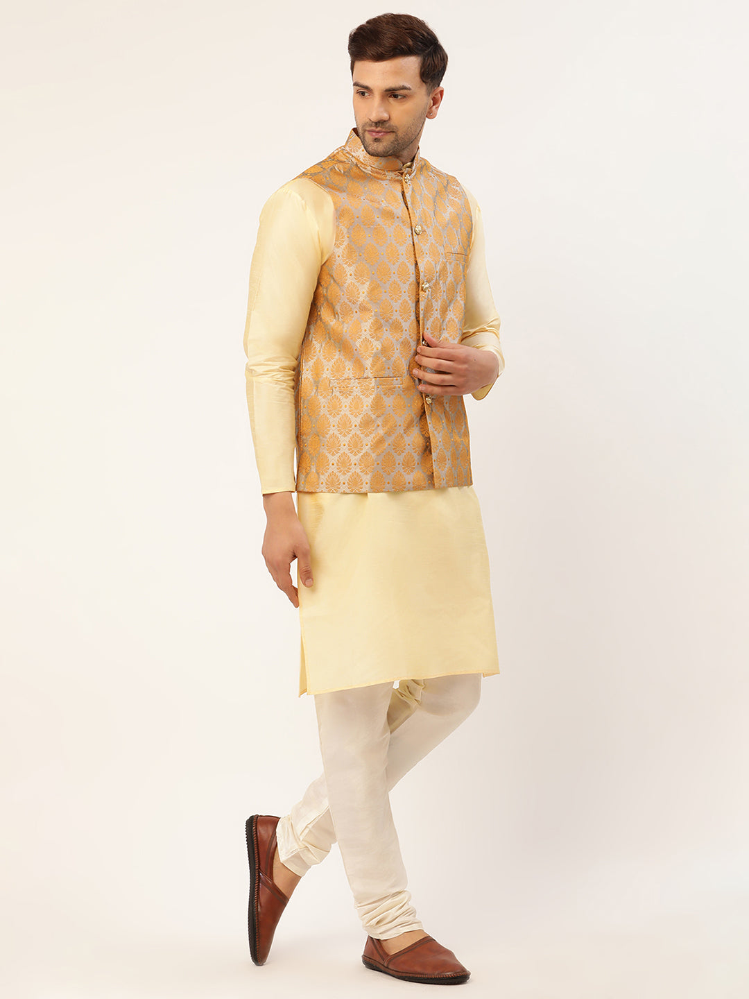 Men's Woven Design Nehru Jacket and Kurta Pyjama Set