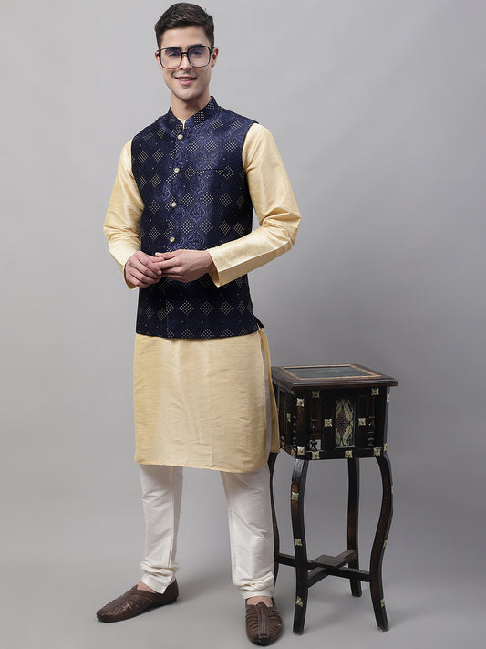 Men Golden Solid Kurta Pyjama with Navy Blue Woven Design Nehru Jacket