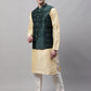 Men Golden Solid Kurta Pyjama with Olive Woven Design Nehru Jacket
