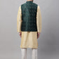 Men Golden Solid Kurta Pyjama with Olive Woven Design Nehru Jacket