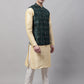 Men Golden Solid Kurta Pyjama with Olive Woven Design Nehru Jacket