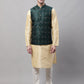 Men Golden Solid Kurta Pyjama with Olive Woven Design Nehru Jacket