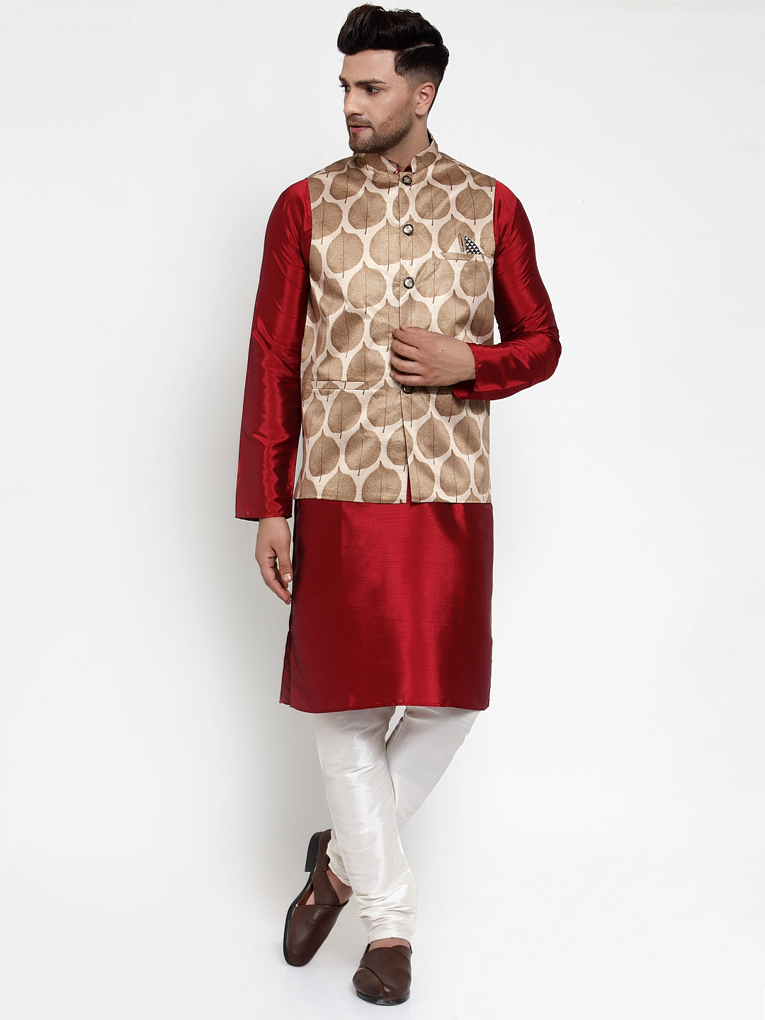 Jompers Men's Solid Dupion Kurta Pajama with Printed Nehru Jacket