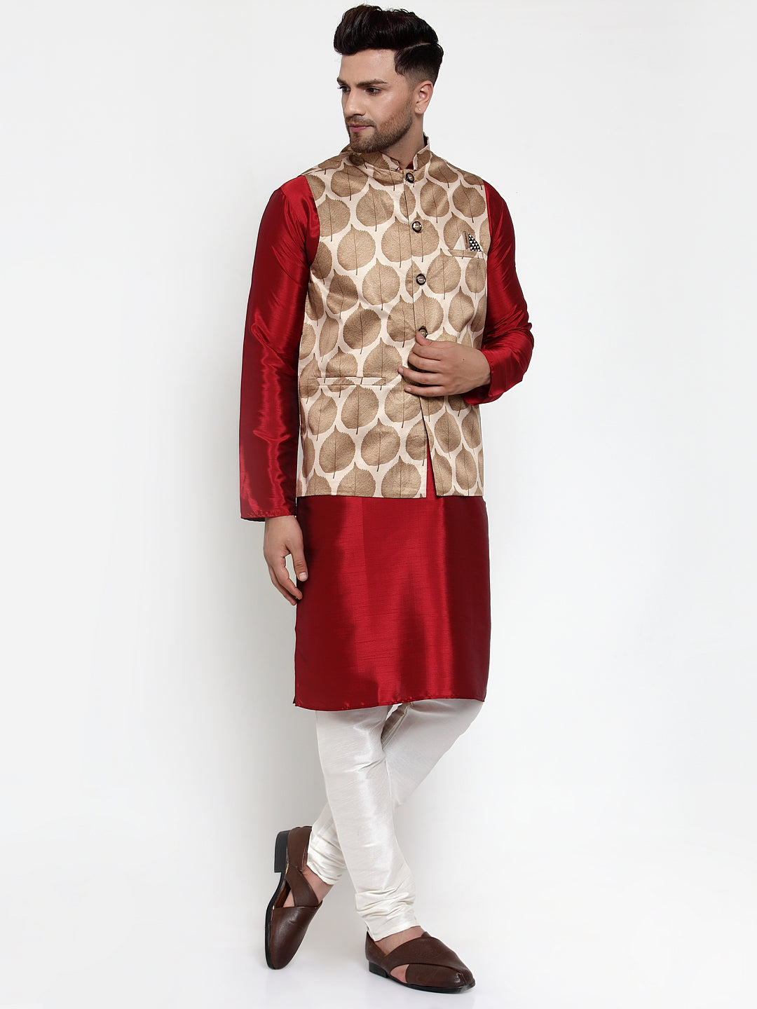 Jompers Men's Solid Dupion Kurta Pajama with Printed Nehru Jacket