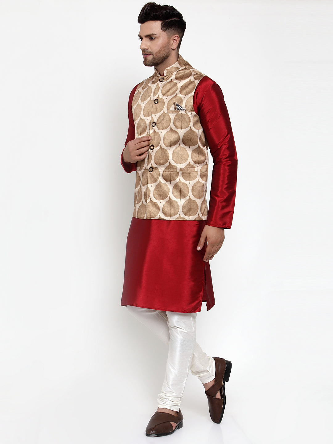 Jompers Men's Solid Dupion Kurta Pajama with Printed Nehru Jacket