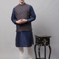 Men Navy Blue Solid Kurta Pyjama with  Brown Woven Design Nehru Jacket
