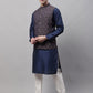 Men Navy Blue Solid Kurta Pyjama with  Brown Woven Design Nehru Jacket