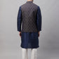 Men Navy Blue Solid Kurta Pyjama with  Brown Woven Design Nehru Jacket