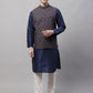 Men Navy Blue Solid Kurta Pyjama with  Brown Woven Design Nehru Jacket