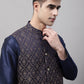 Men Navy Blue Solid Kurta Pyjama with  Brown Woven Design Nehru Jacket