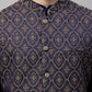 Men Navy Blue Solid Kurta Pyjama with  Brown Woven Design Nehru Jacket