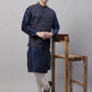 Men Navy Blue Solid Kurta Pyjama with  Silver Woven Design Nehru Jacket