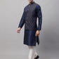 Men Navy Blue Solid Kurta Pyjama with  Silver Woven Design Nehru Jacket