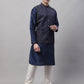 Men Navy Blue Solid Kurta Pyjama with  Silver Woven Design Nehru Jacket