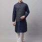 Men Navy Blue Solid Kurta Pyjama with  Silver Woven Design Nehru Jacket