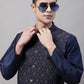 Men Navy Blue Solid Kurta Pyjama with  Silver Woven Design Nehru Jacket