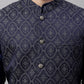 Men Navy Blue Solid Kurta Pyjama with  Silver Woven Design Nehru Jacket
