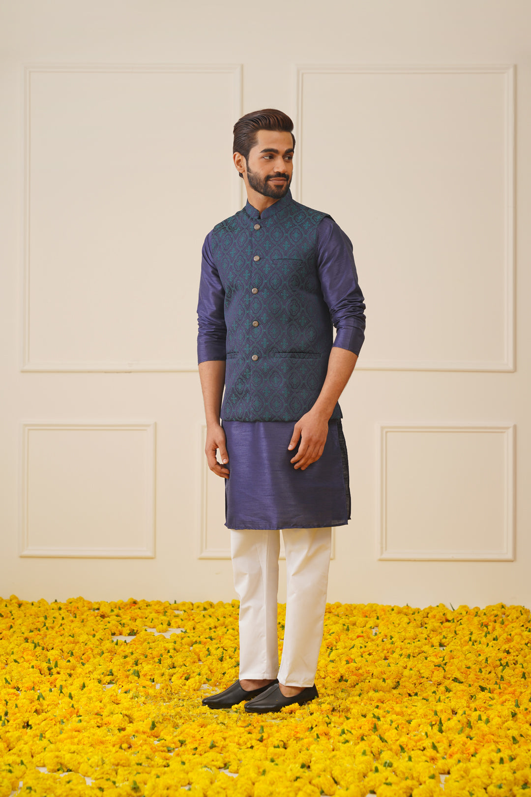 Men Navy Blue Solid Kurta Pyjama with  Green Woven Design Nehru Jacket
