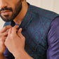 Men Navy Blue Solid Kurta Pyjama with  Green Woven Design Nehru Jacket