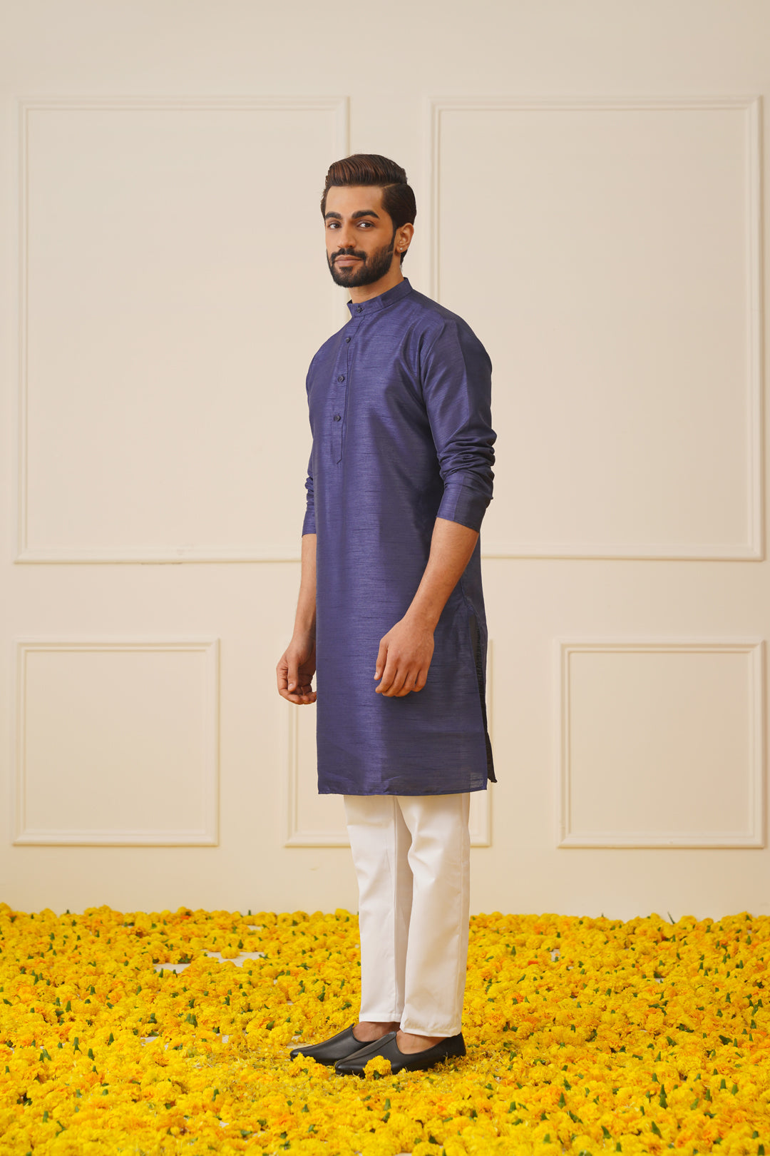 Men Navy Blue Solid Kurta Pyjama with  Green Woven Design Nehru Jacket