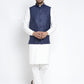 Jompers Men's Solid White Cotton Kurta Payjama with Solid Navy Waistcoat ( JOKPWC OW-F 4021 Navy )