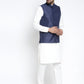 Jompers Men's Solid White Cotton Kurta Payjama with Solid Navy Waistcoat ( JOKPWC OW-F 4021 Navy )