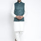 Jompers Men's Solid White Cotton Kurta Payjama with Solid Teal Waistcoat ( JOKPWC OW-F 4021 Teal )