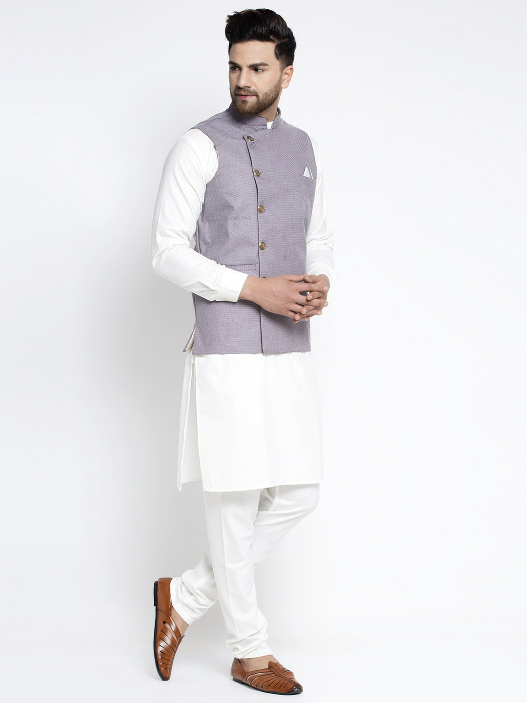 Jompers Men's Solid White Cotton Kurta Payjama with Geometric Waistcoat ( JOKPWC OW-F 4022 Purple )