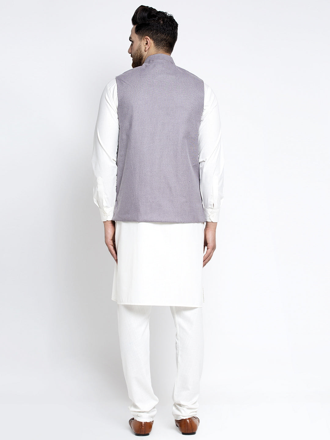 Jompers Men's Solid White Cotton Kurta Payjama with Geometric Waistcoat ( JOKPWC OW-F 4022 Purple )