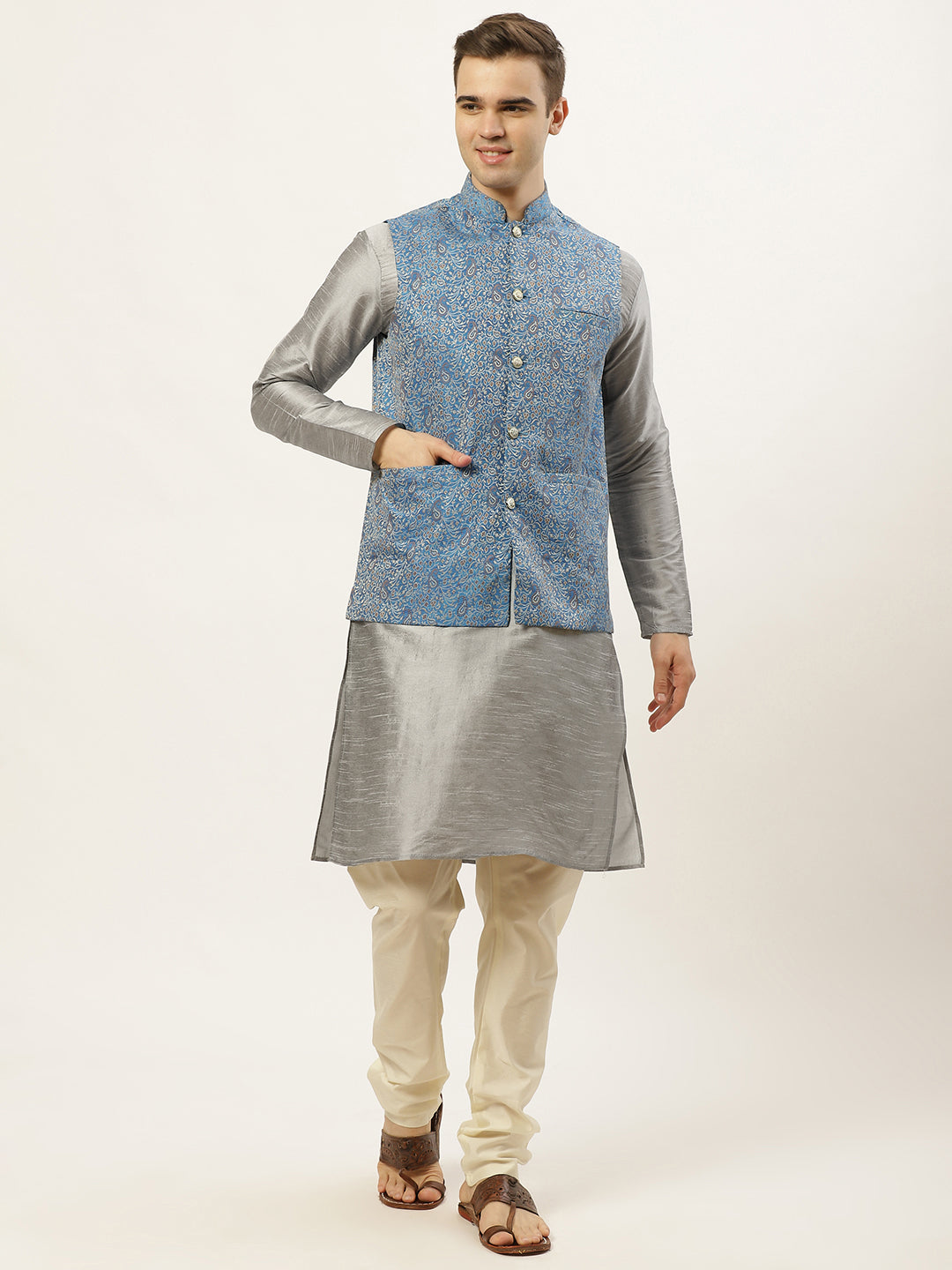 Men's Woven Design Nehru Jacket and Kurta Pyjama Set ( JOKPWC S-D 4020 Blue )