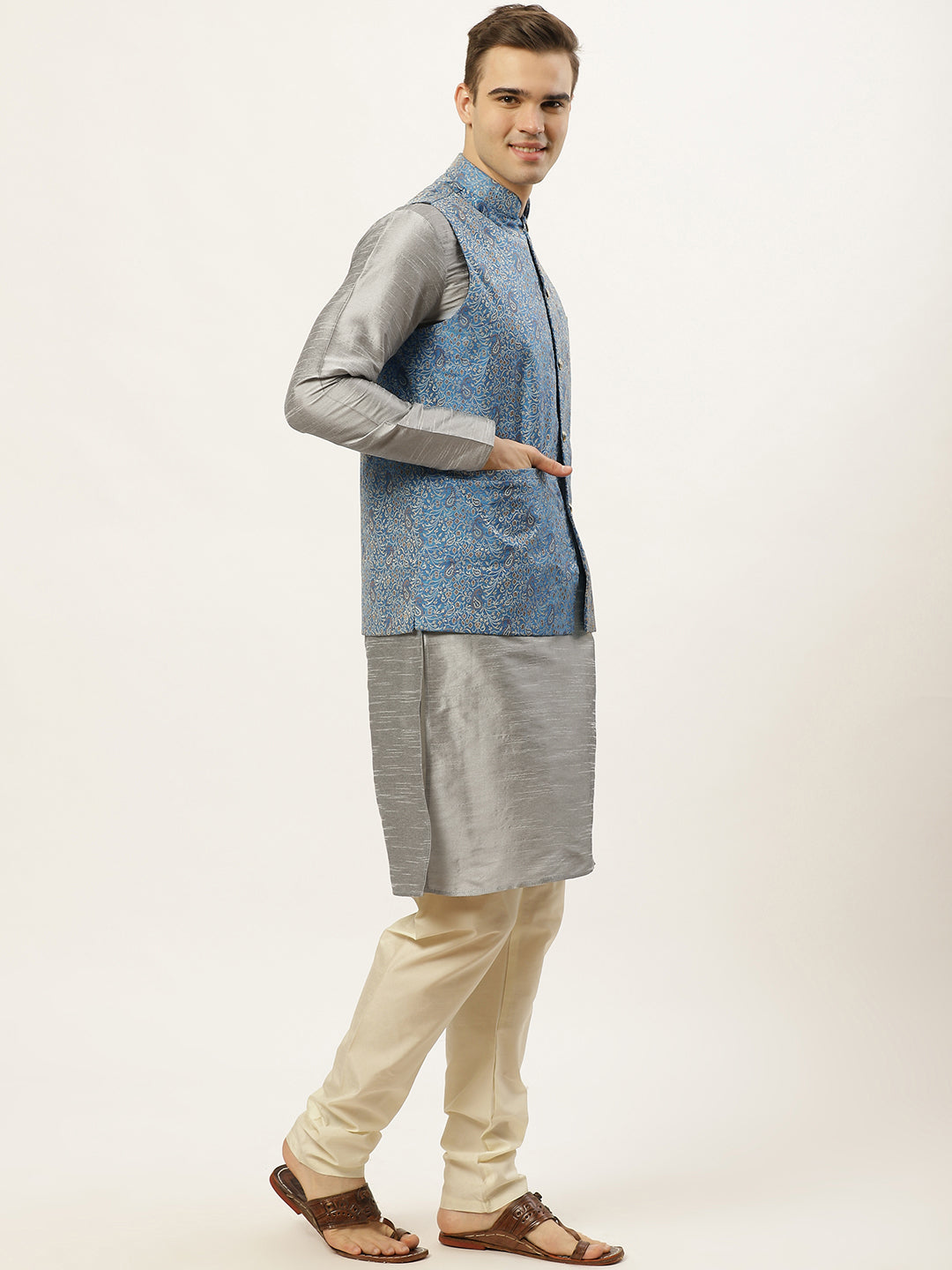 Men's Woven Design Nehru Jacket and Kurta Pyjama Set ( JOKPWC S-D 4020 Blue )