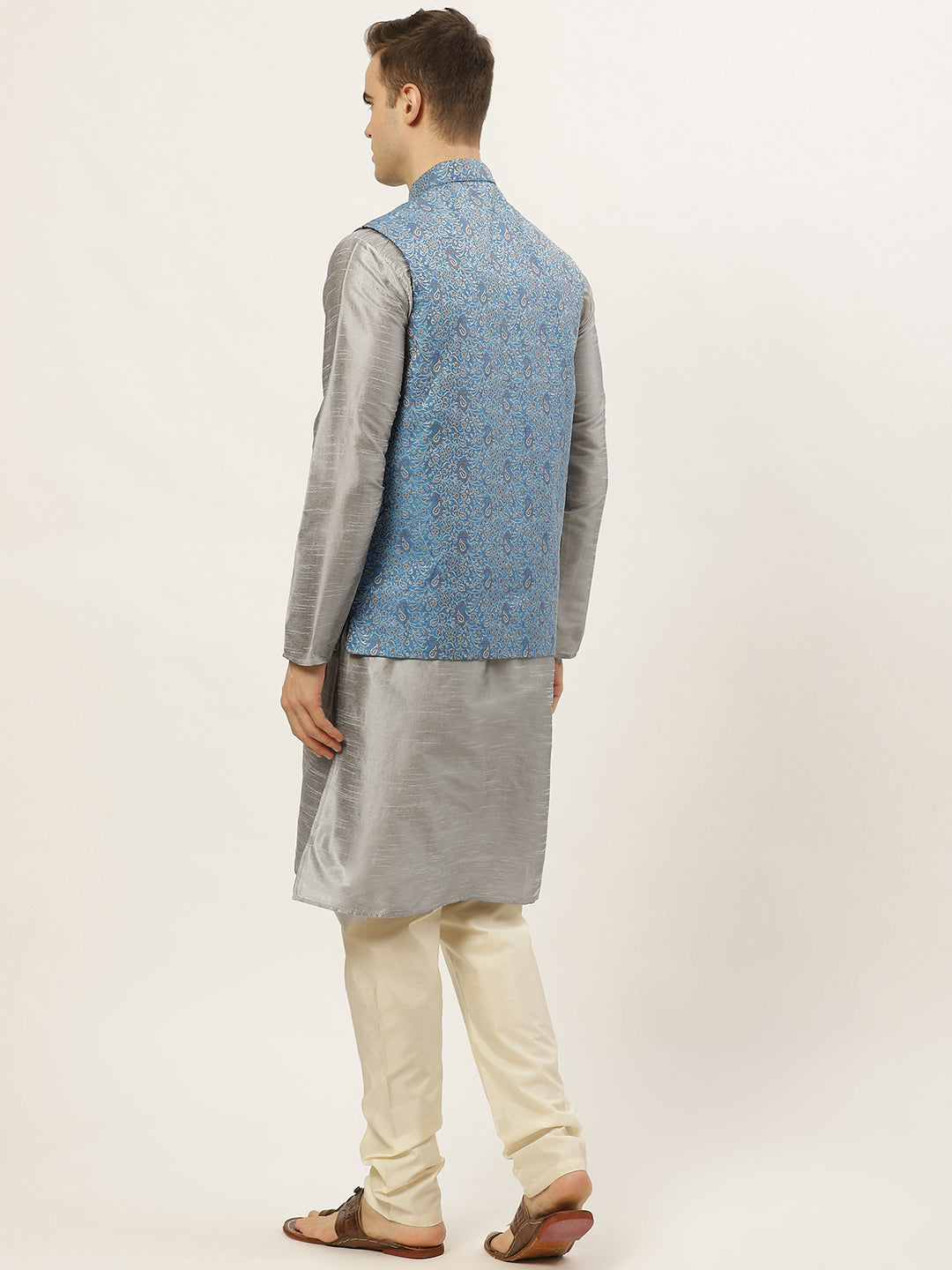Men's Woven Design Nehru Jacket and Kurta Pyjama Set ( JOKPWC S-D 4020 Blue )
