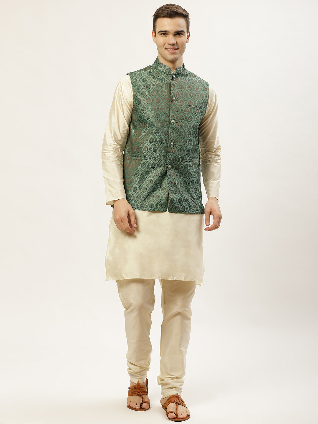 Men's Woven Design Nehru Jacket and Kurta Pyjama Set ( JOKPWC W-D 4028 Green )