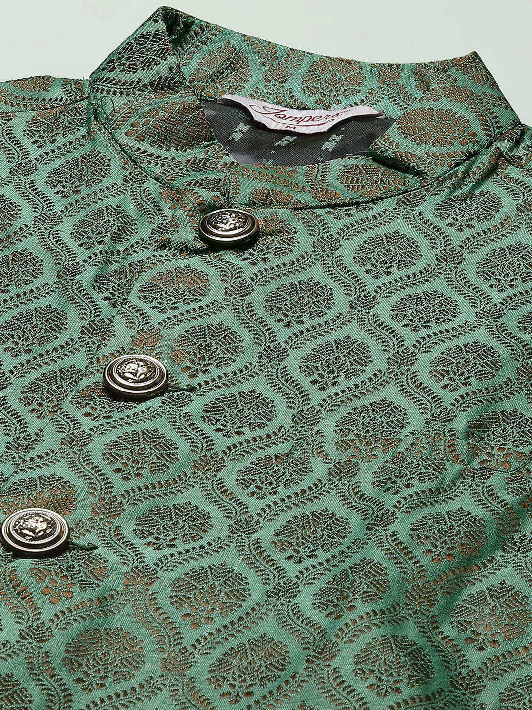 Men's Woven Design Nehru Jacket and Kurta Pyjama Set ( JOKPWC W-D 4028 Green )