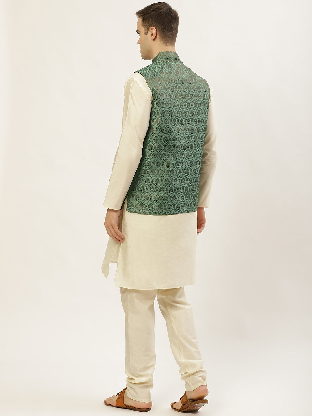 Men's Woven Design Nehru Jacket and Kurta Pyjama Set ( JOKPWC W-D 4028 Green )
