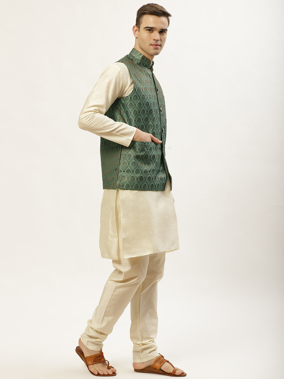 Men's Woven Design Nehru Jacket and Kurta Pyjama Set ( JOKPWC W-D 4028 Green )