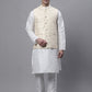 Men off-White Solid Kurta Pyjama with  Golden Woven Design Nehru Jacket