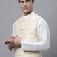 Men off-White Solid Kurta Pyjama with  Golden Woven Design Nehru Jacket