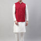 Men White Solid Kurta Pyjama with  Maroon Embroidered Nehru Jacket