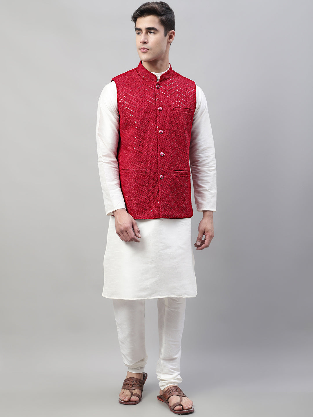 Men White Solid Kurta Pyjama with  Maroon Embroidered Nehru Jacket