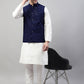 Men White Solid Kurta Pyjama with  Navy Blue Embroidered Nehru Jacket