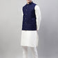 Men White Solid Kurta Pyjama with  Navy Blue Embroidered Nehru Jacket