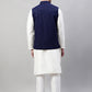 Men White Solid Kurta Pyjama with  Navy Blue Embroidered Nehru Jacket