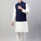 Men White Solid Kurta Pyjama with  Navy Blue Embroidered Nehru Jacket